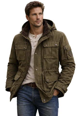 Men’s Hooded Utility Field Jacket with Zip and Snap Closure
