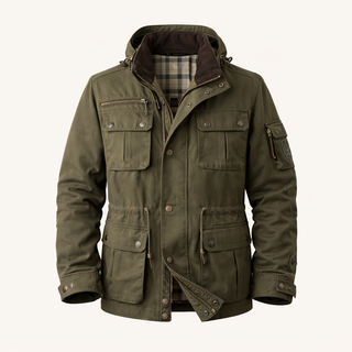 Men’s Hooded Utility Field Jacket with Zip and Snap Closure